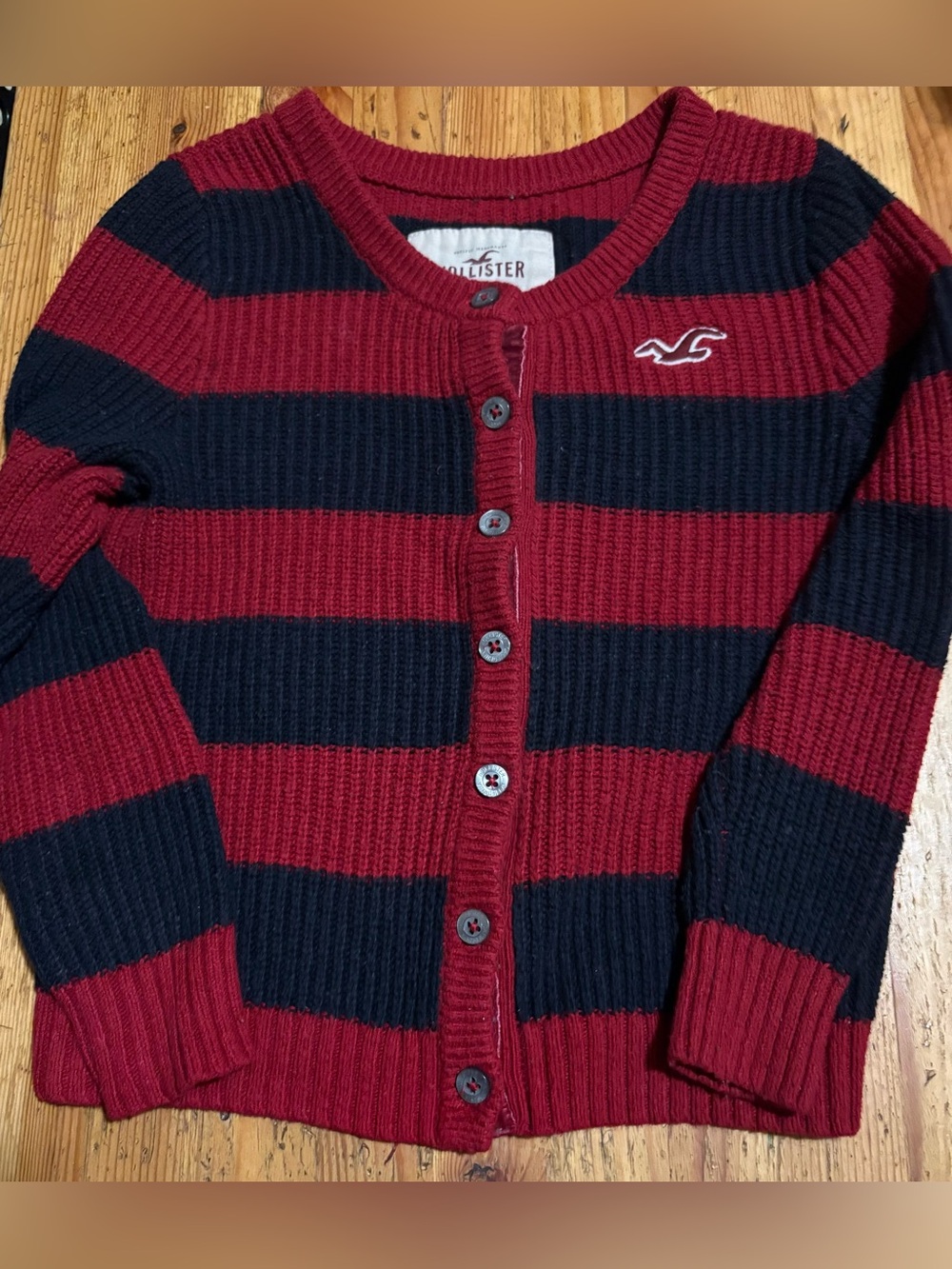 vintage hollister y2k red and navy stripe knit preppy cardigan sweater sz. xs